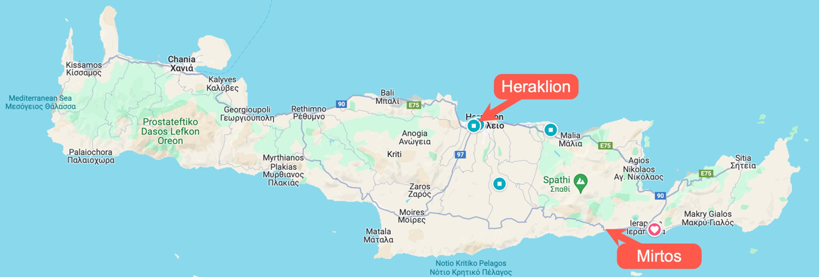 Geogreaphical overview of Crete and Mirtos